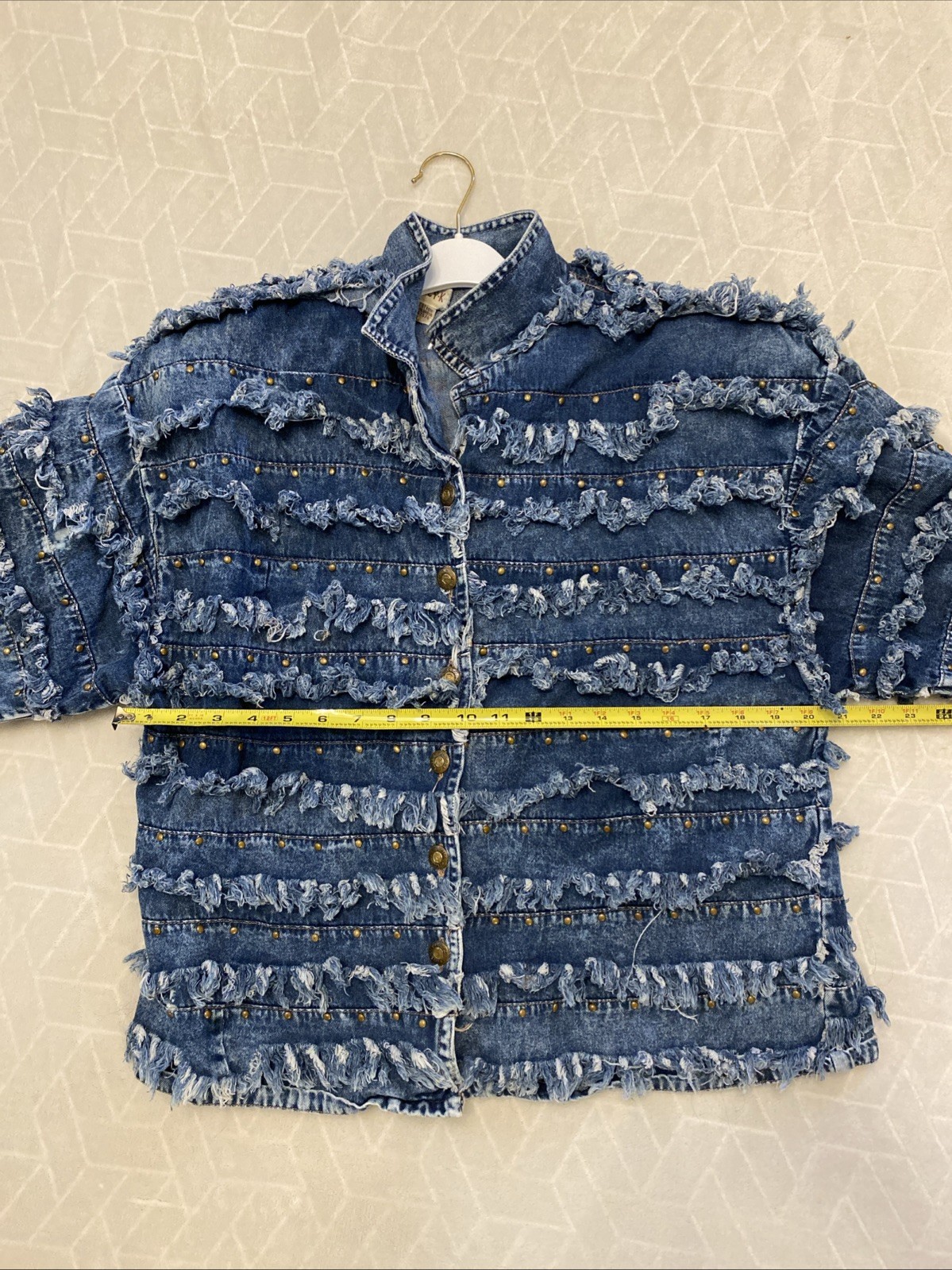 VTG Style Frayed Shaggy Fringe Denim Shacket L Brass Tone Buttons Boho Western