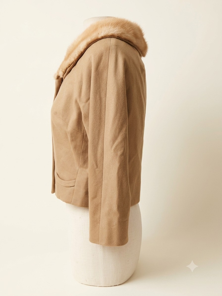 1950’s 60s Cropped Camel Wool Evening Jacket Mink Fur Collar Bracelet Sleeves M