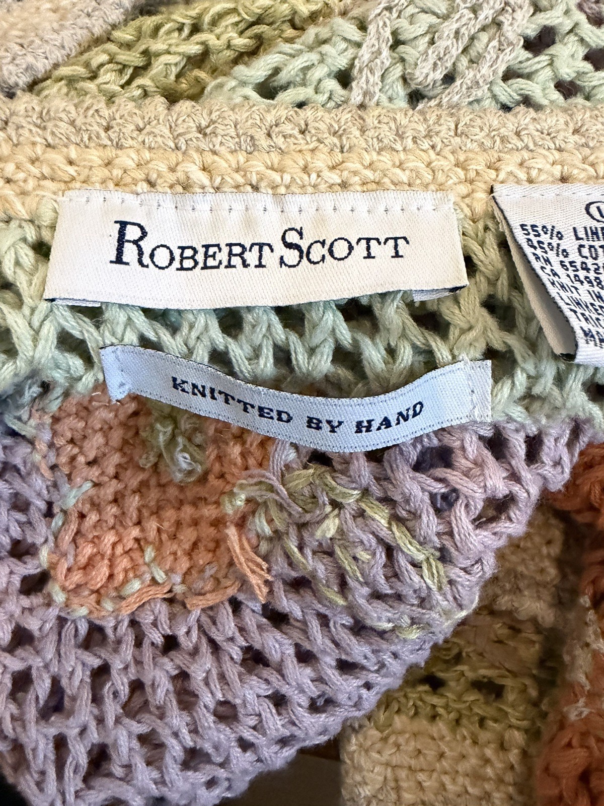 Robert Scott vtg crochet floral cardigan mother of pearl buttons L cottagecore
