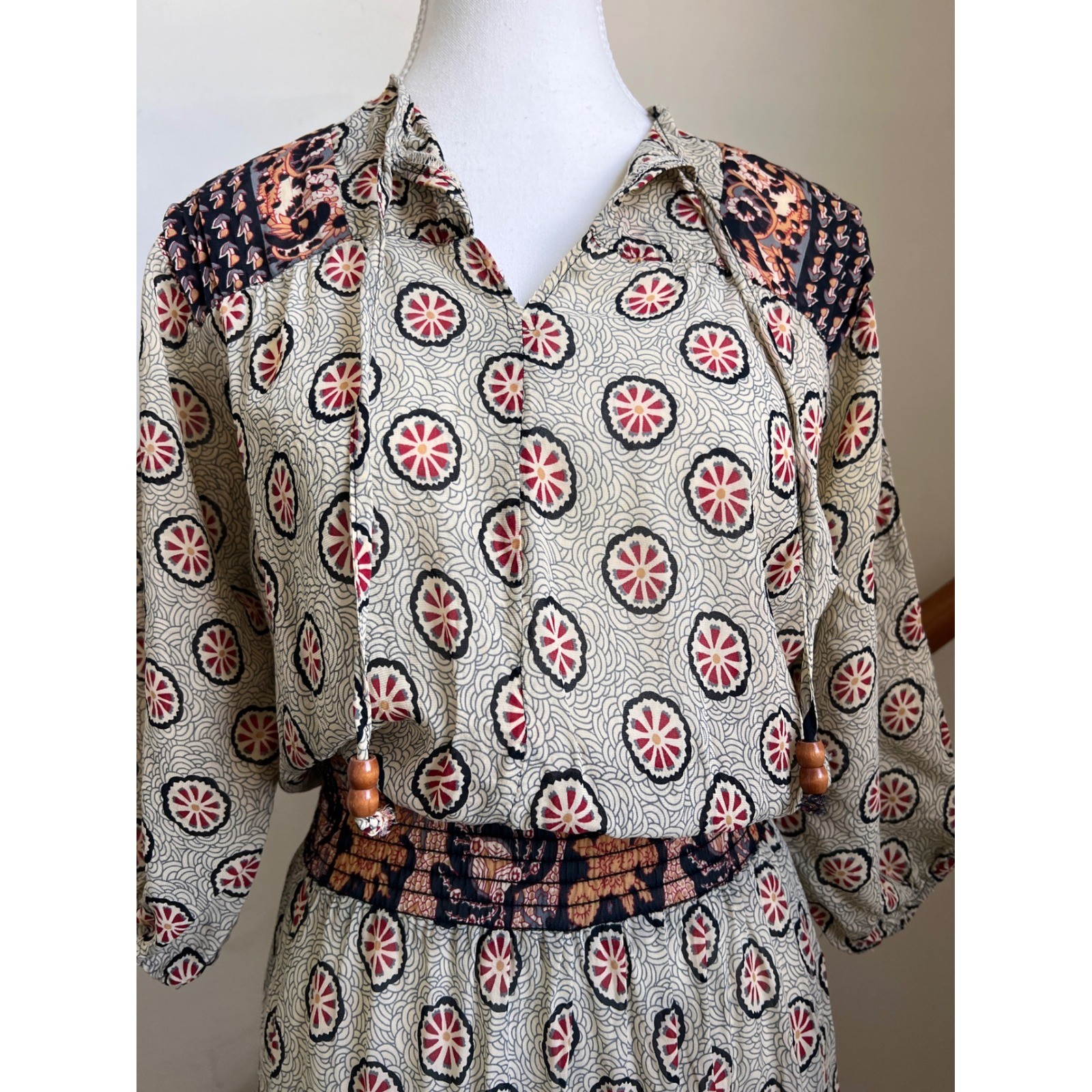 Vintage 70s Midi Dress Boho Smocked Waist Semi Sheer Peasant Batik Block Print