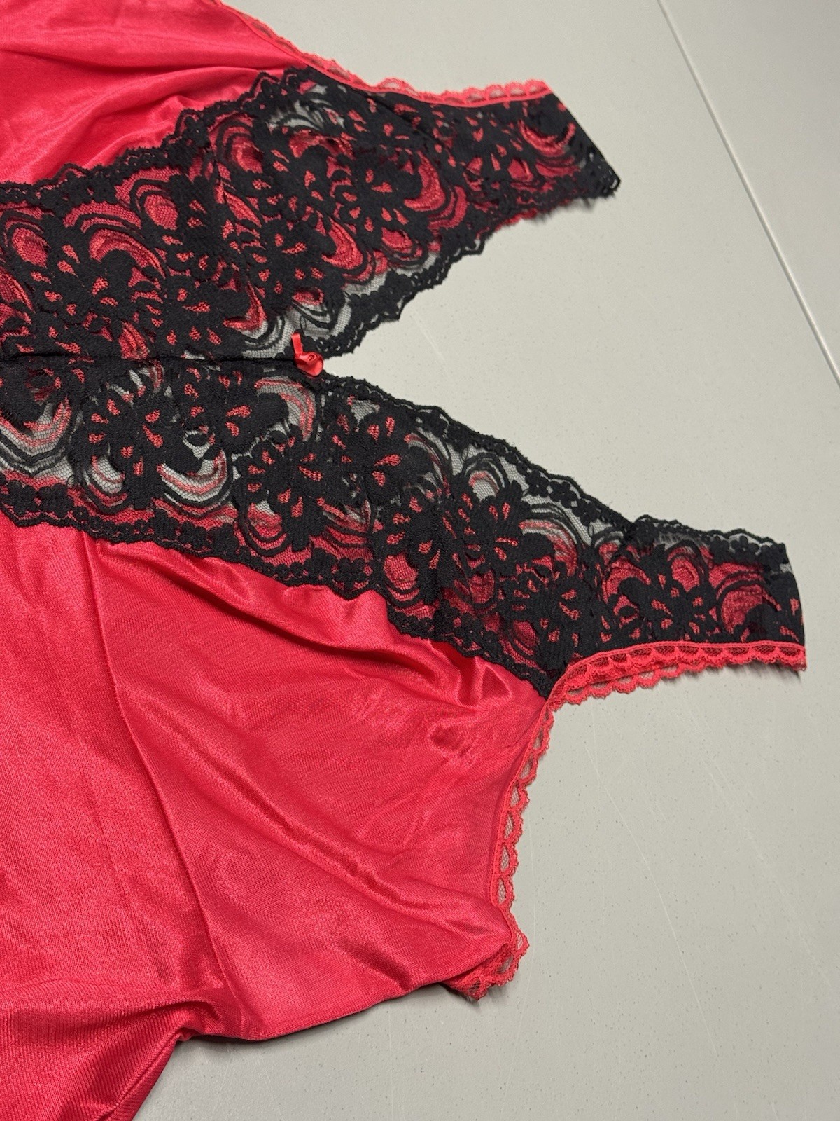 Vtg Fashion Bug Lace Swing Dress Red/Black Lace Sexy Sz 3X Nylon Fairy Silky