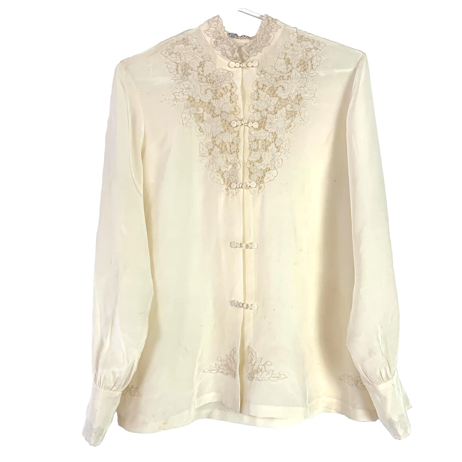 Vintage 50s Jade Lantern Cream Lace Long Sleeve Button Up Shirt Size 38 Staining