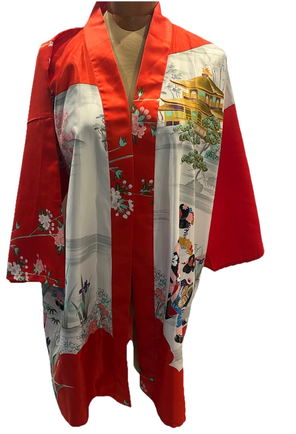 Vintage Japanese Kimono Robe Red Satin Geisha Pagoda Loungewear Jacket Women OS
