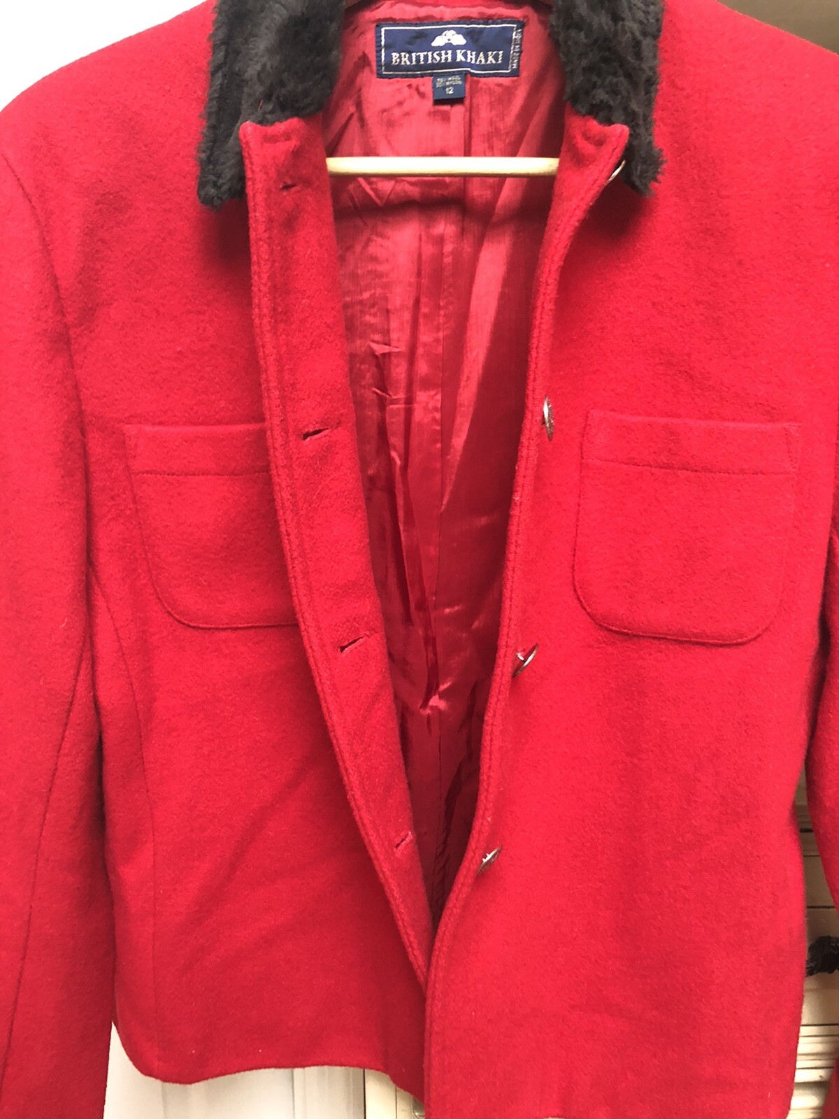 British Khaki Womens Size 12 Red Wool Blazer Faux Fur Collar Button Up Academia