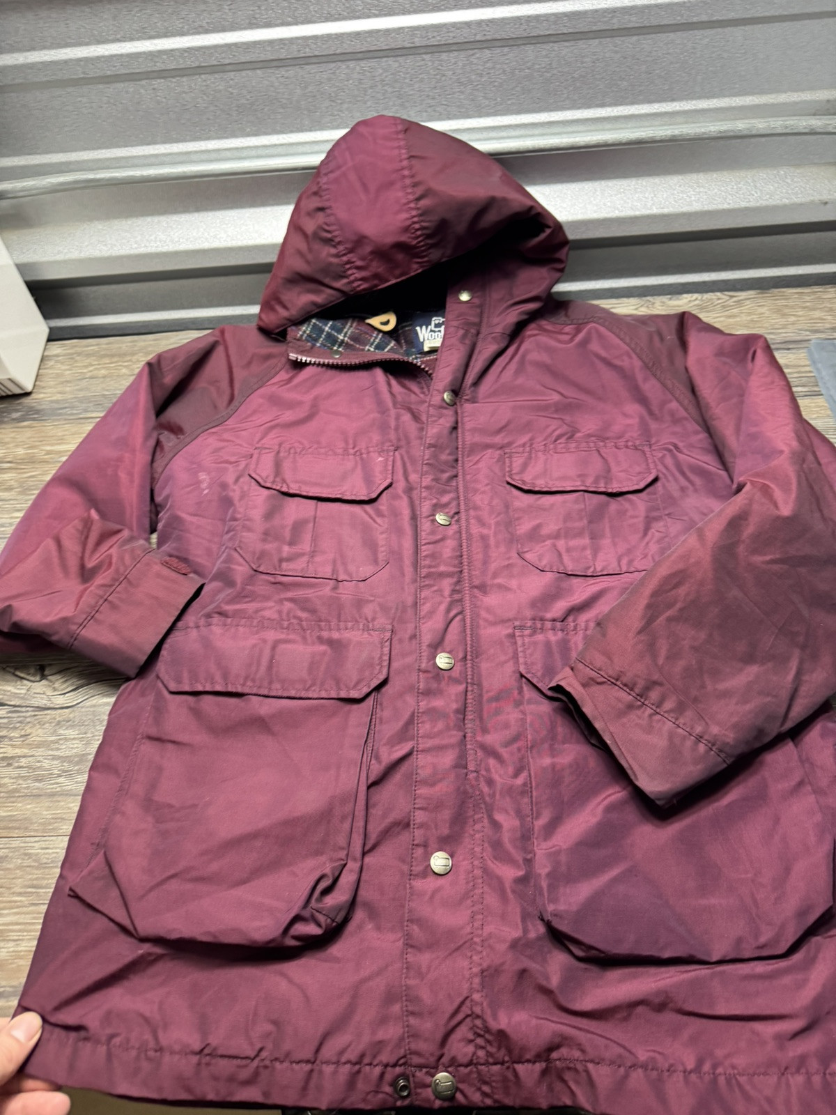 Vintage Woolrich Women’s Hooded Wool Plaid Lined Parka Coat Burgundy Made In USA