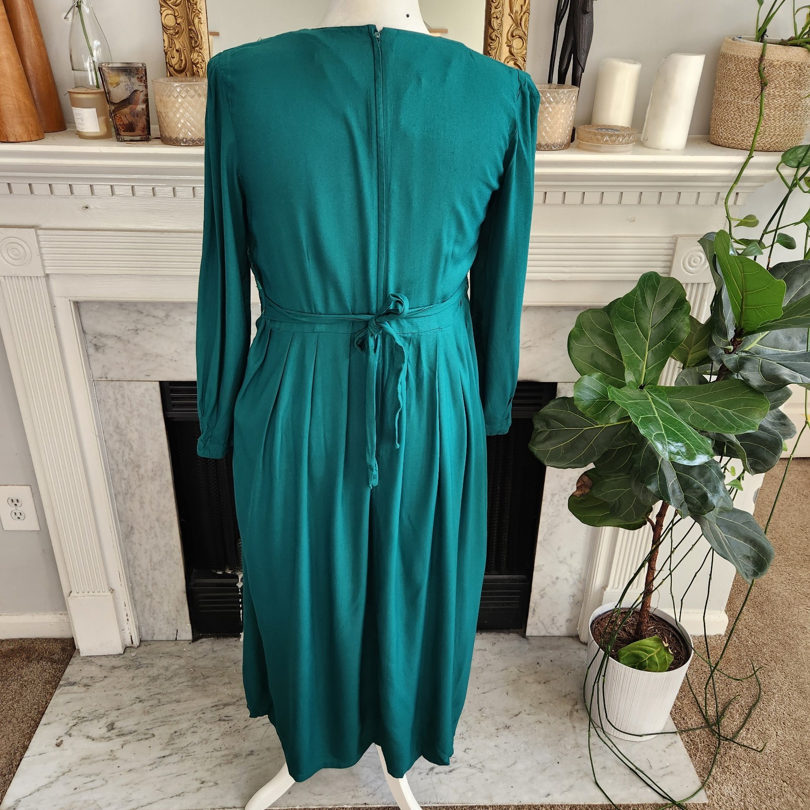 Vintage 90s Green Maxi Dress Sz 12 Boho Floral Embroidered Modest Edwardian