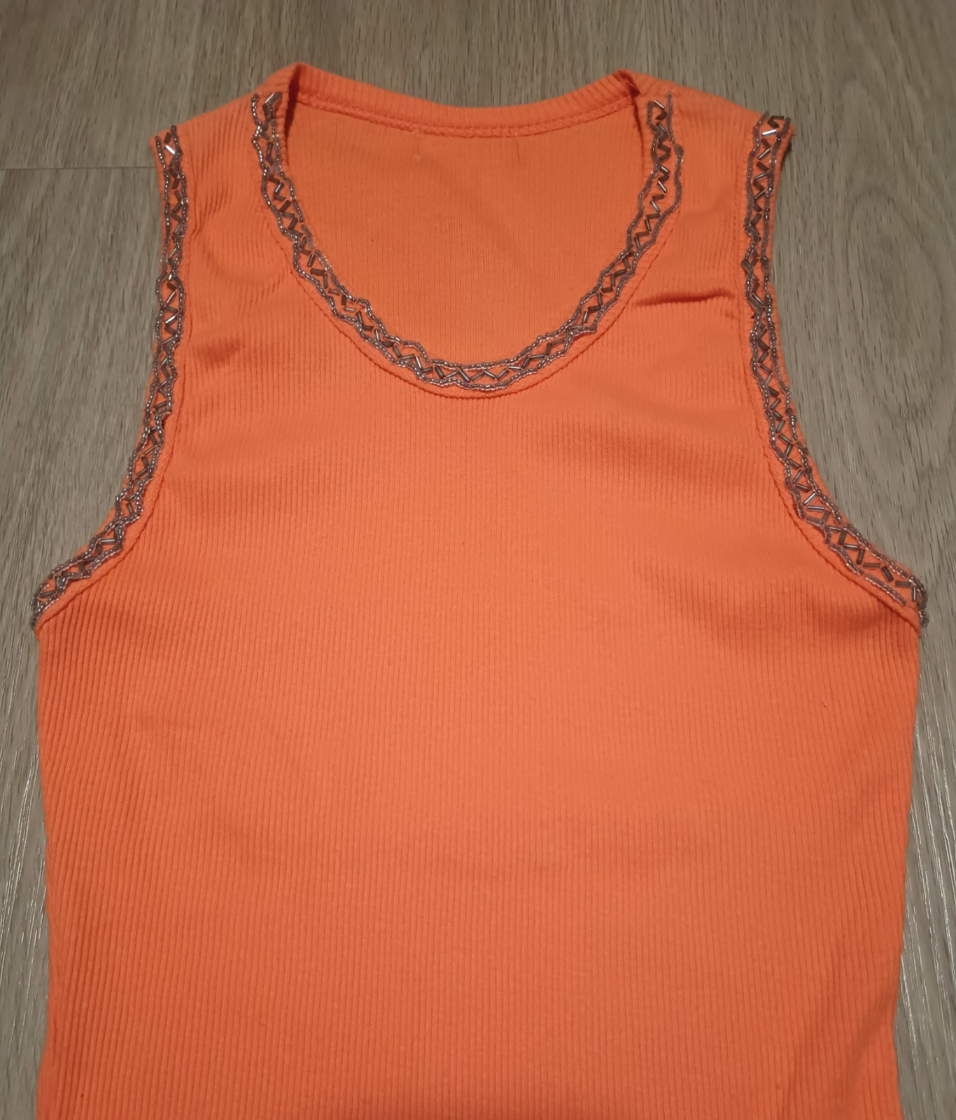 Vtg 90s Orange Stretch Rib Knit Tribal Geo Beaded Yoke Tank Top summer beach XS