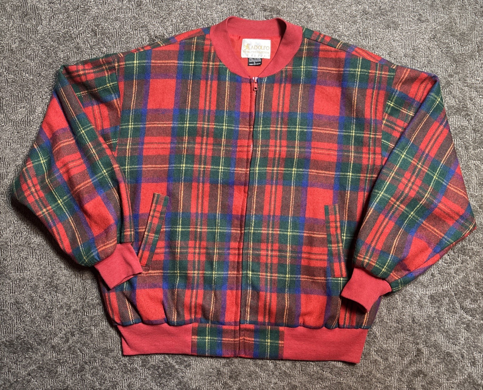 VTG 1980s Adolfo Royalty Collection L Tartan Plaid Wool Bomber Jacket Academia