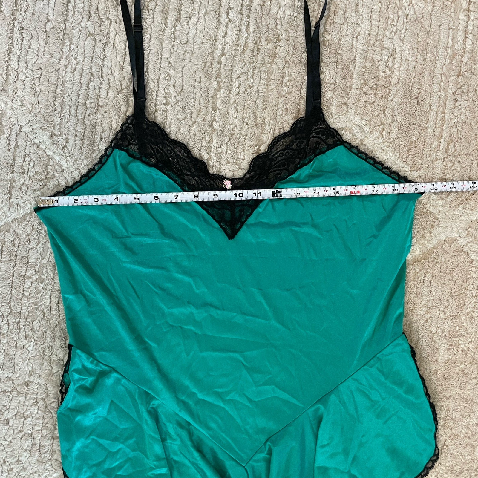 Vintage 80s Lingerie Teddy Romper Size 40 Roamans Green Satin Sissy Black Lace