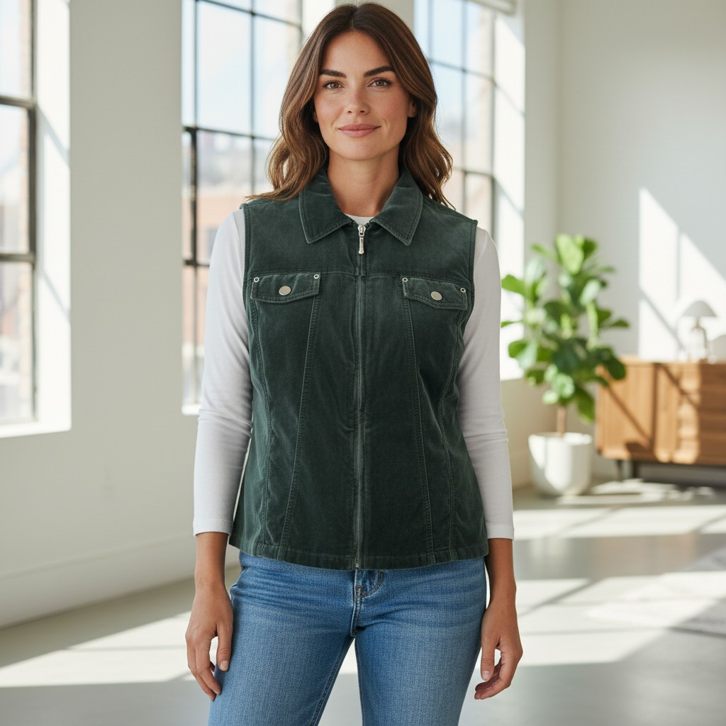 Vtg Sigrid Olsen Green Velvet Moto Zip up Vest Sz 10/M Boho Indie Dark Fairy