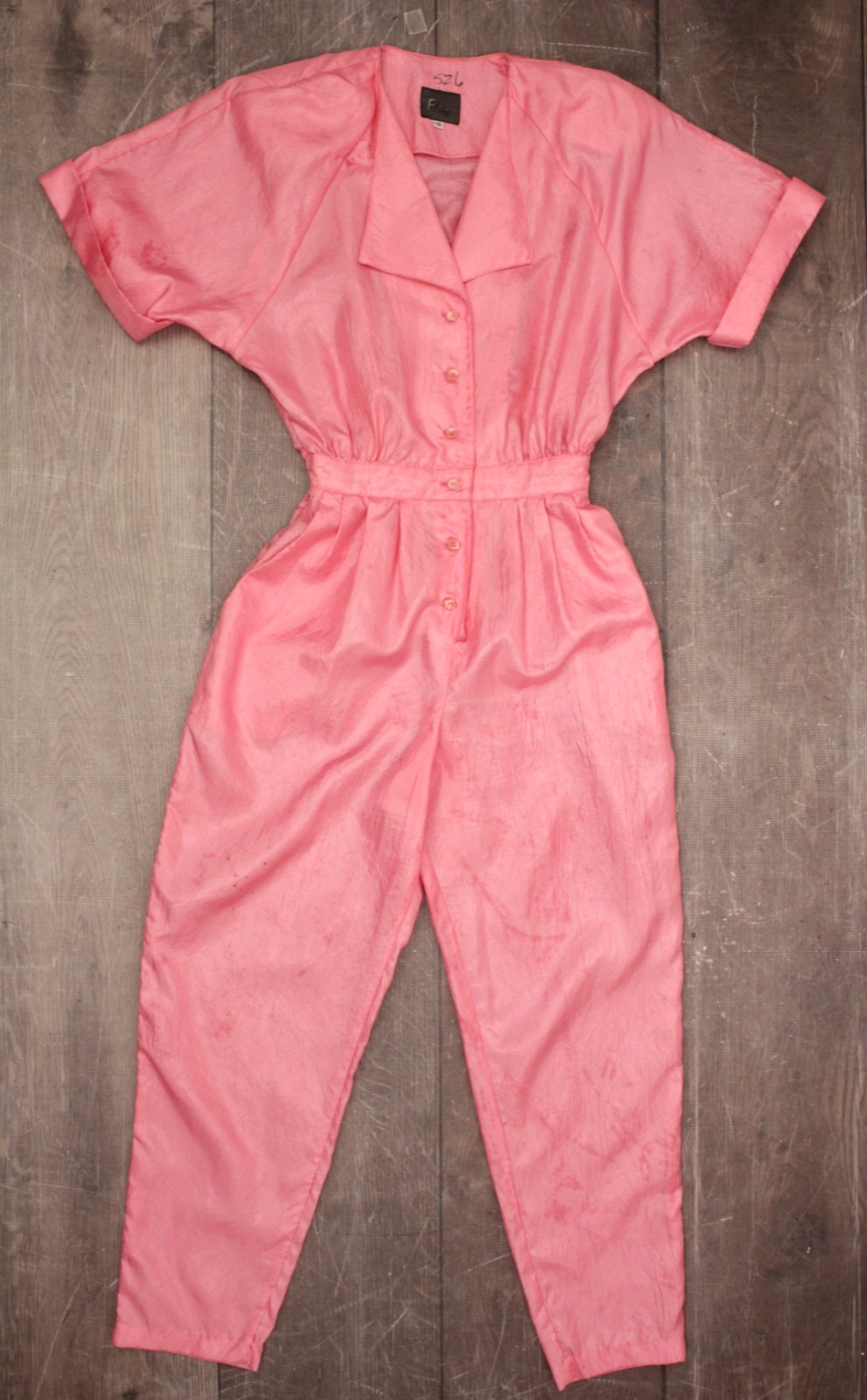 Vtg Women’s 80s Pink Shiny Polyester Fabric Jumpsuit Sz S 1980s F/stop