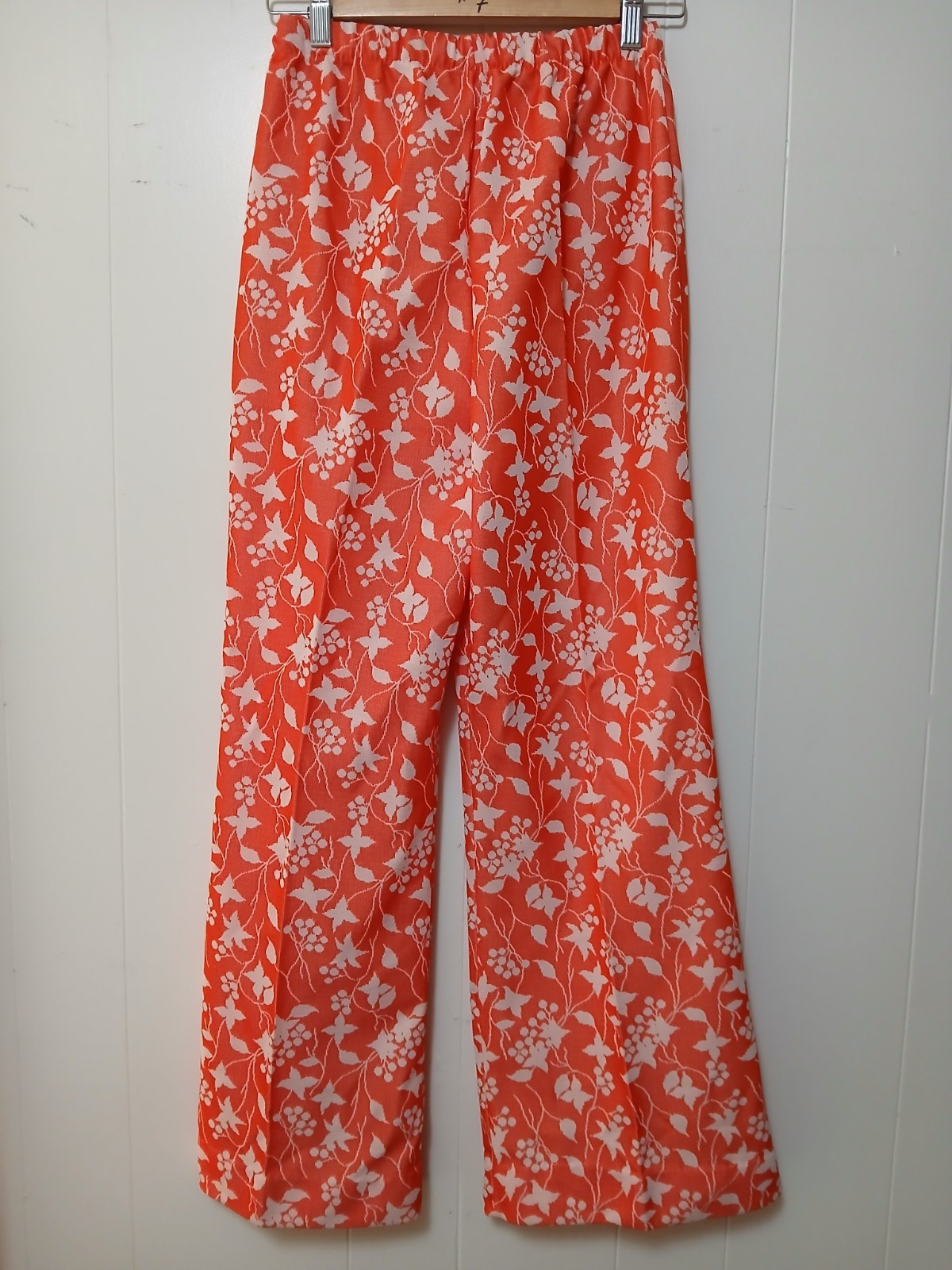 True Vintage 70s Wide Leg Pull On Pants Womens Floral Print Retro Orange