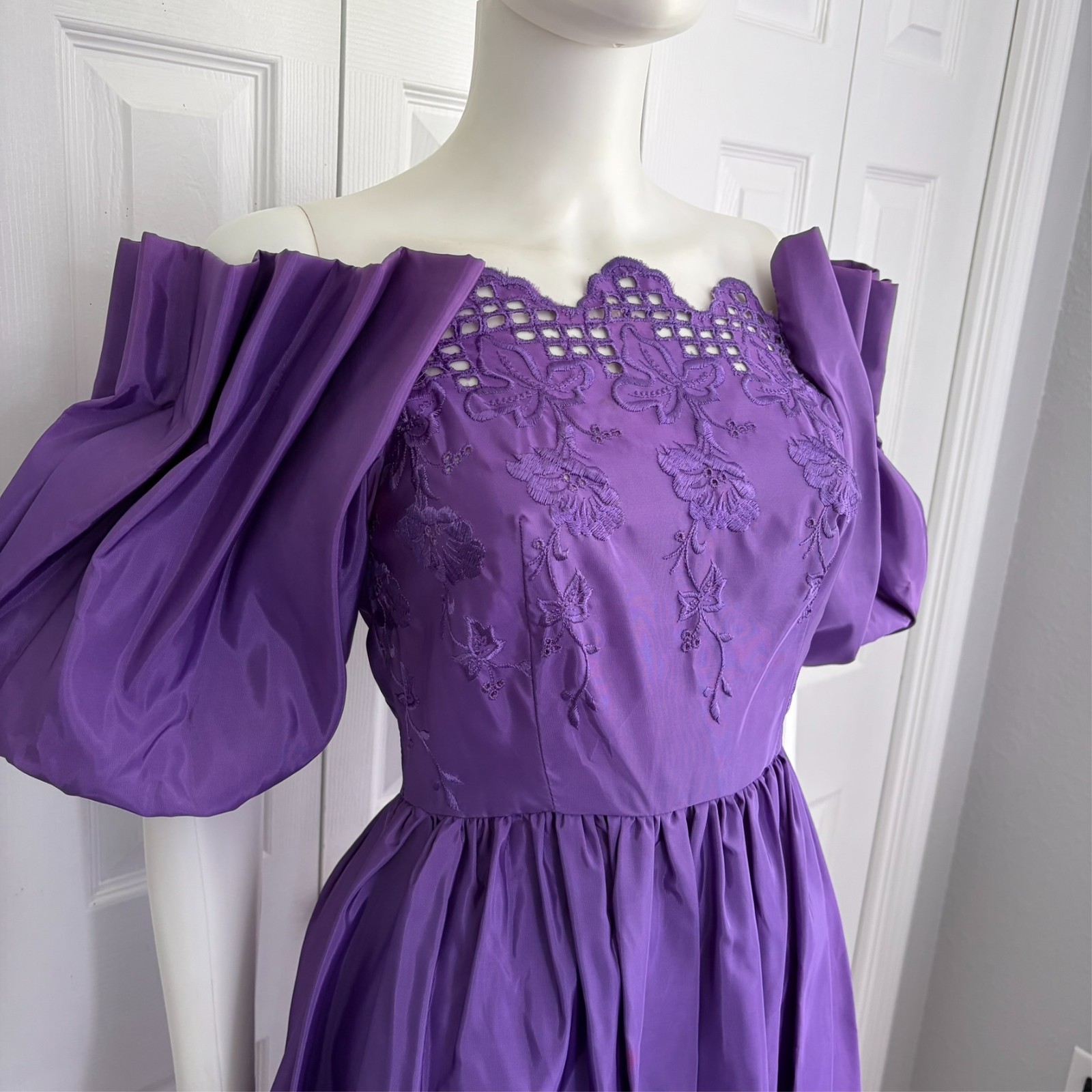 vintage 80s purple off the shoulder bodice midi dress