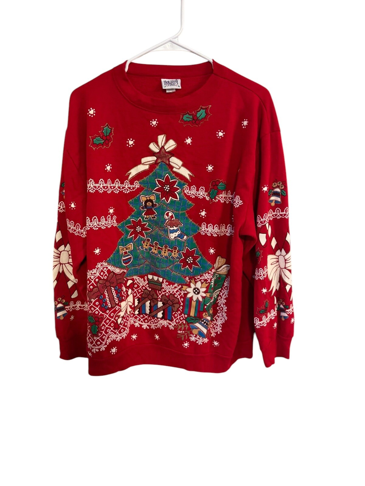 1990s Retro Red Christmas Holiday Bow Candy cane Tree Size Lg Ugly Sweaters VTG