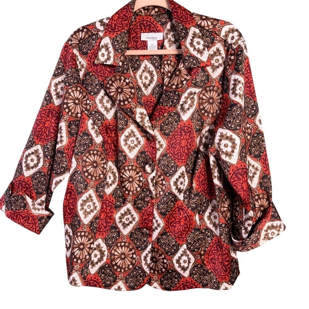 Dressbarn Jacket Women 2X Vintage Geometric Medallion Print Button Front 3/4 Slv