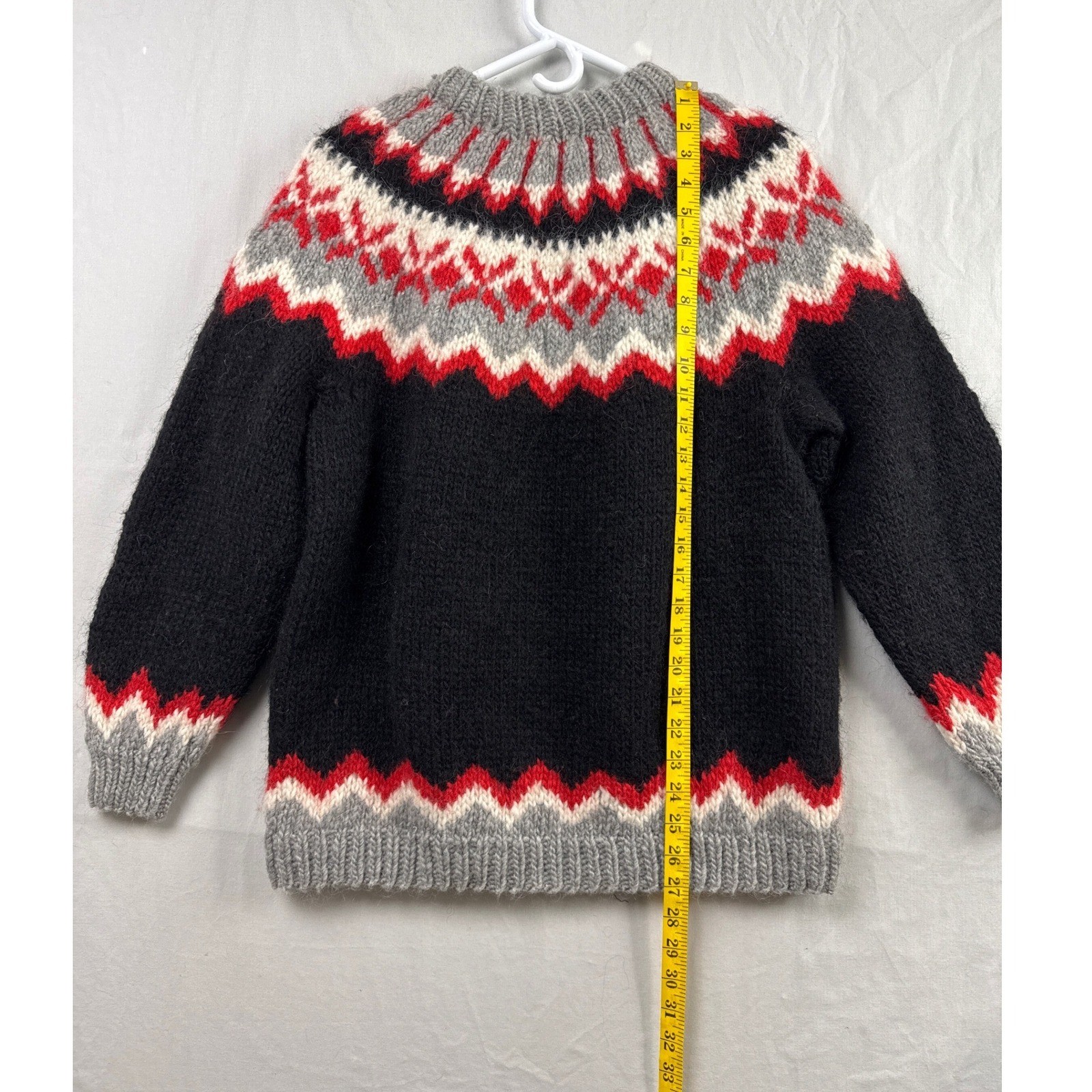Handmade Sweater Women Medium Black Red Fair Isle Nordic Hand Knit Pullover