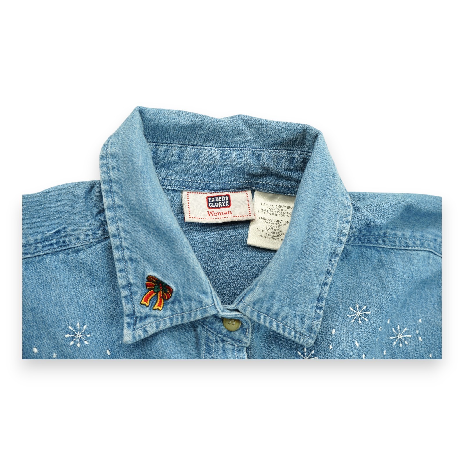 Vintage Faded Glory Christmas Teddy Bear Embroidered Denim Shirt 14W/16W Womens