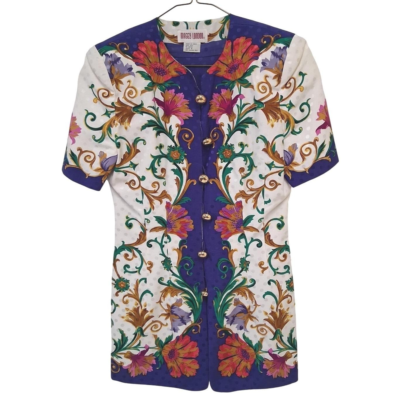 Maggy London Vintage 100% Silk Floral Baroque Polka Dot Skirt Suit Purple Size 4