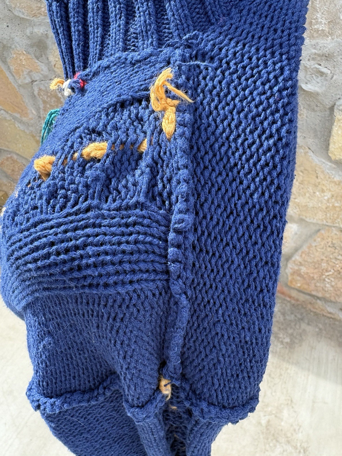 Vintage Mixed blues S Chunky Cable Knit Base W/ Colorful Embroidery POM POM READ