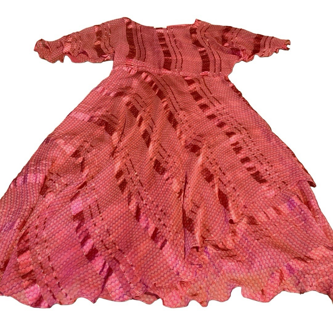 WOMEN’S VINTAGE 1970’S RED, PURPLE & GOLD SILK FARM SILK DRESS SZ S