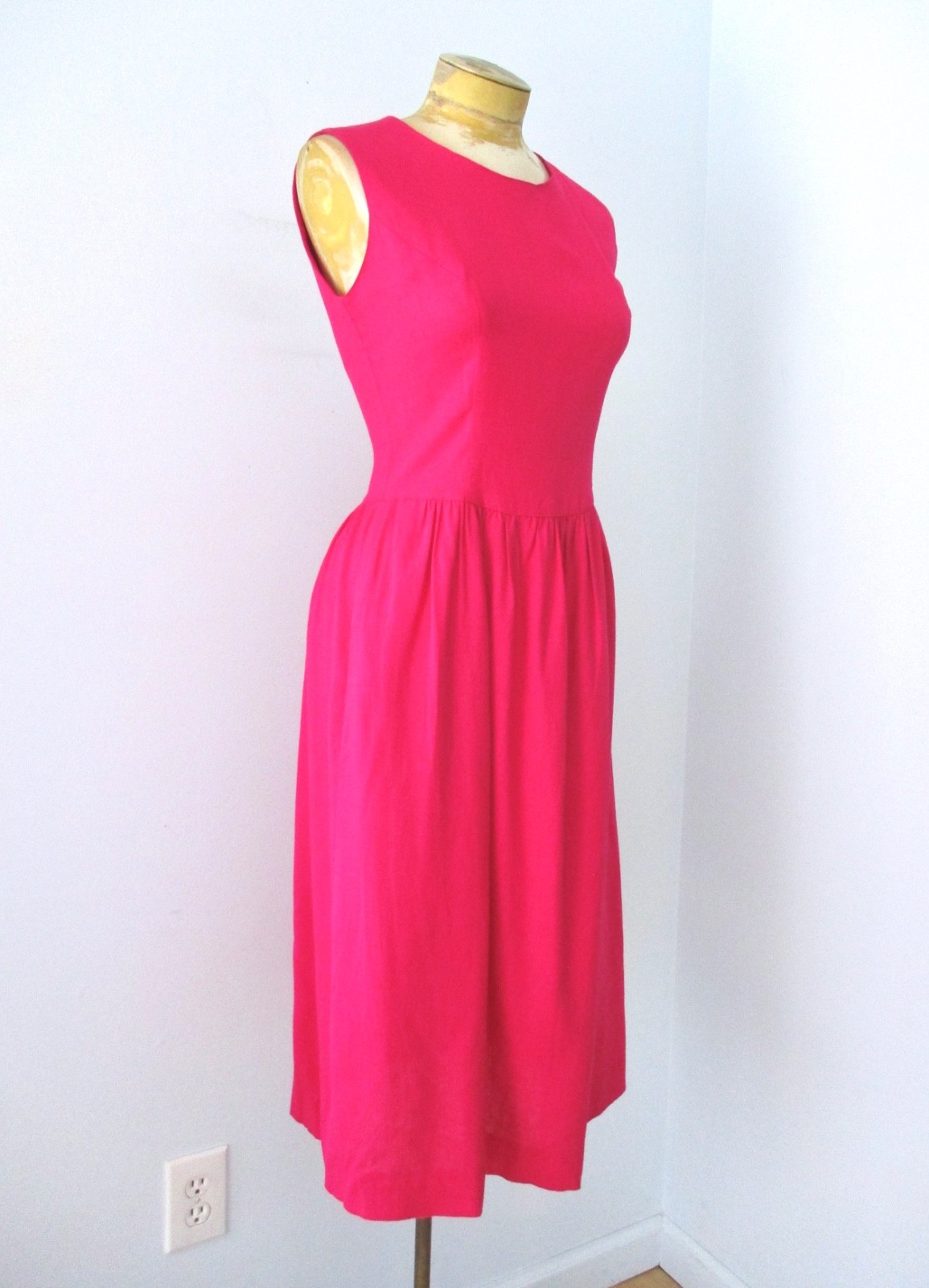 Vtg 80s Lanz Hot Fuchsia Pink Drop Waist Tea Dress Back Cutout Bow Pockets 6