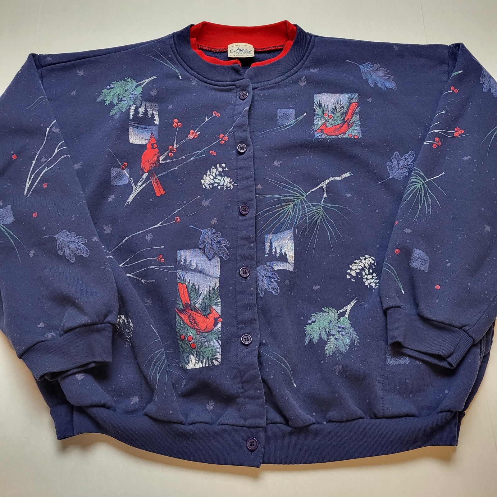 Vtg Artisans Cardinal Sweatshirt Cardigan Womens L Bird Blue Red USA 90s ÷31