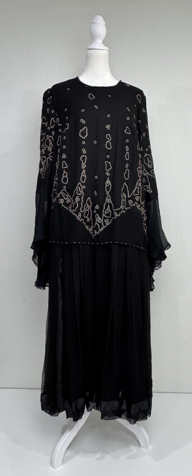 Vtg ZANDRA RHODES Black Silk Layered Flutter Sleeves Beaded Midi Dress Designer