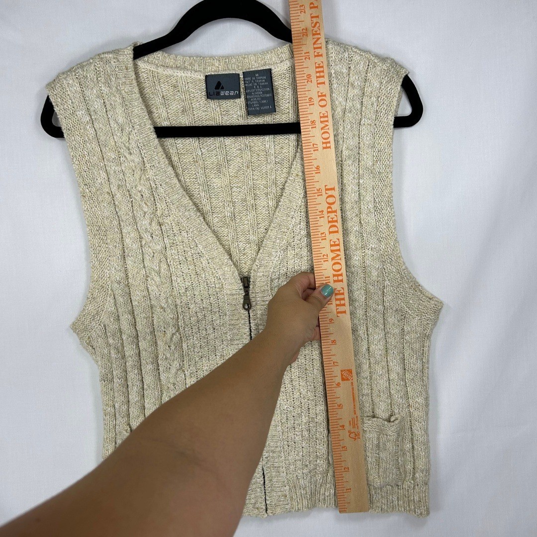Vintage Lizwear Cable Knit Zip Front Sweater Vest – Cream Wool Blend Pockets (M)