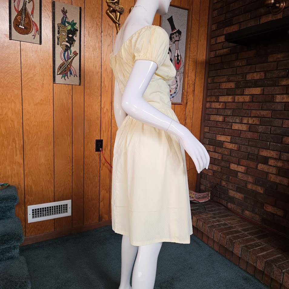 Vtg 1950s Milkmaid Lemon Swiss Dot Circle Skirt Off Shoulder Party Dress XS/S P