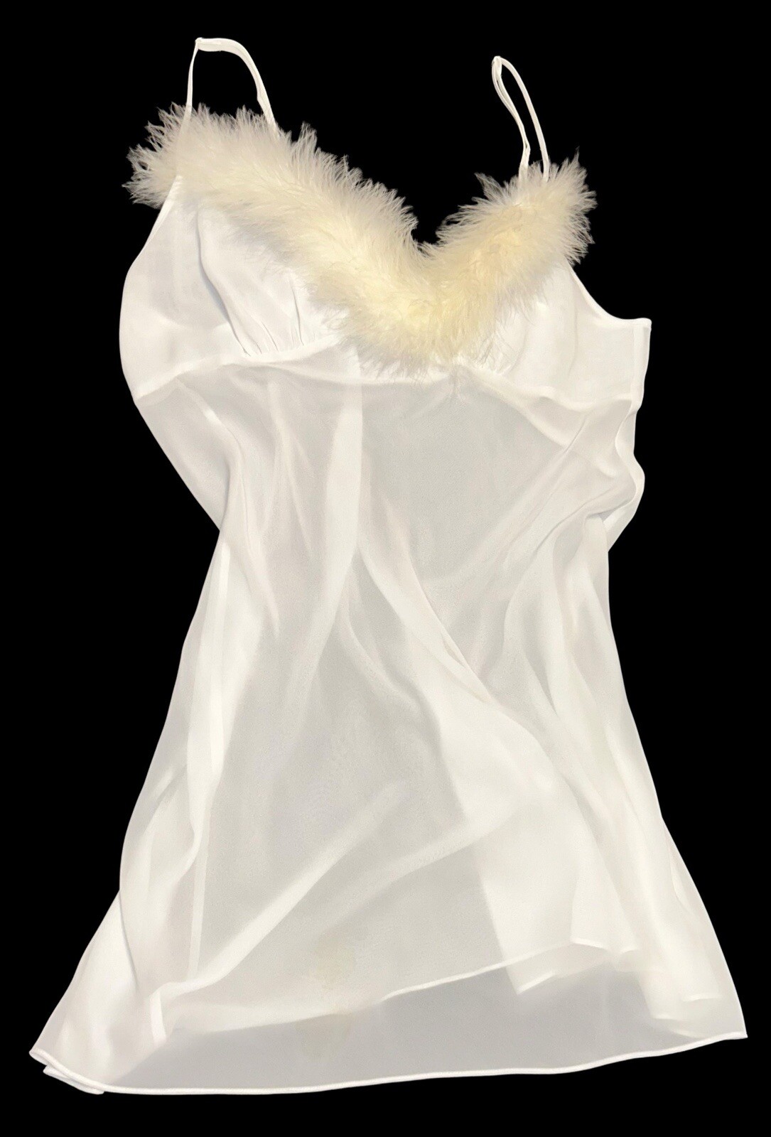 Carole Hochman New York White Silky Sheer Fuzzy Trim Nightie Nightgown M NOS