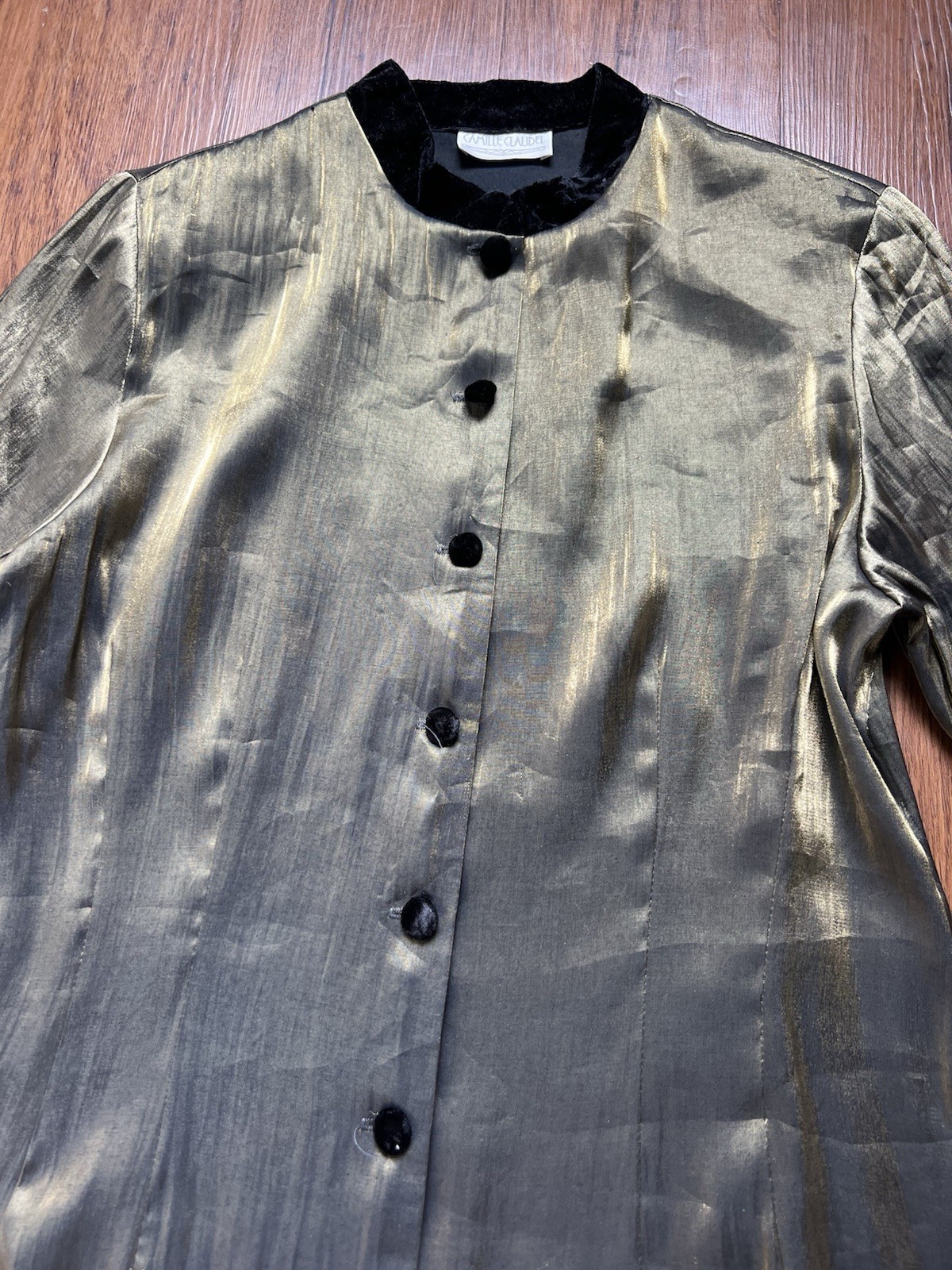 Vintage 90s Evening Blouse Shirt Long Sleeve Metallic Black Gold Mandarin Velvet