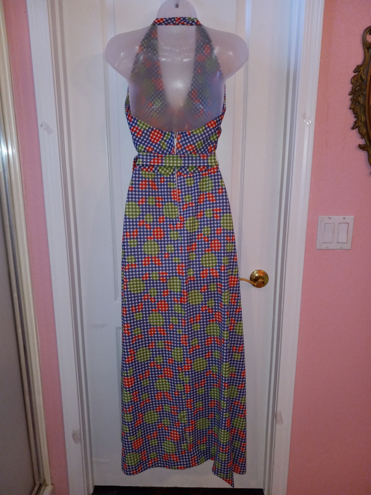 Vintage 70s Jonathan Logan Hippie Groovy Apple Polka-dot Halter Maxi Dress S/M
