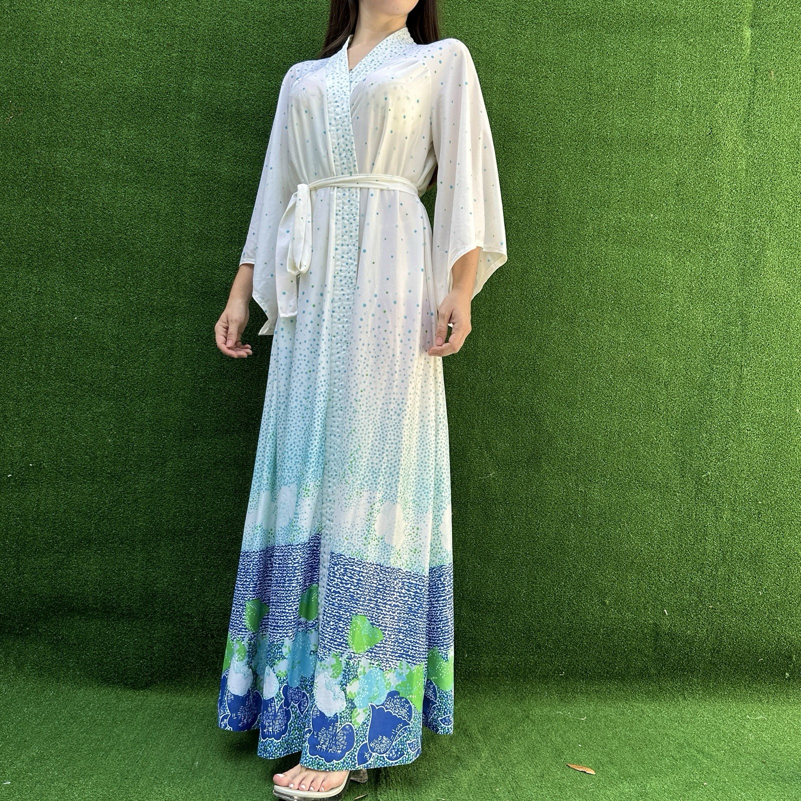 Vintage 70s White Polka Dot Floral Print maxi Robe Sears Size Medium 36