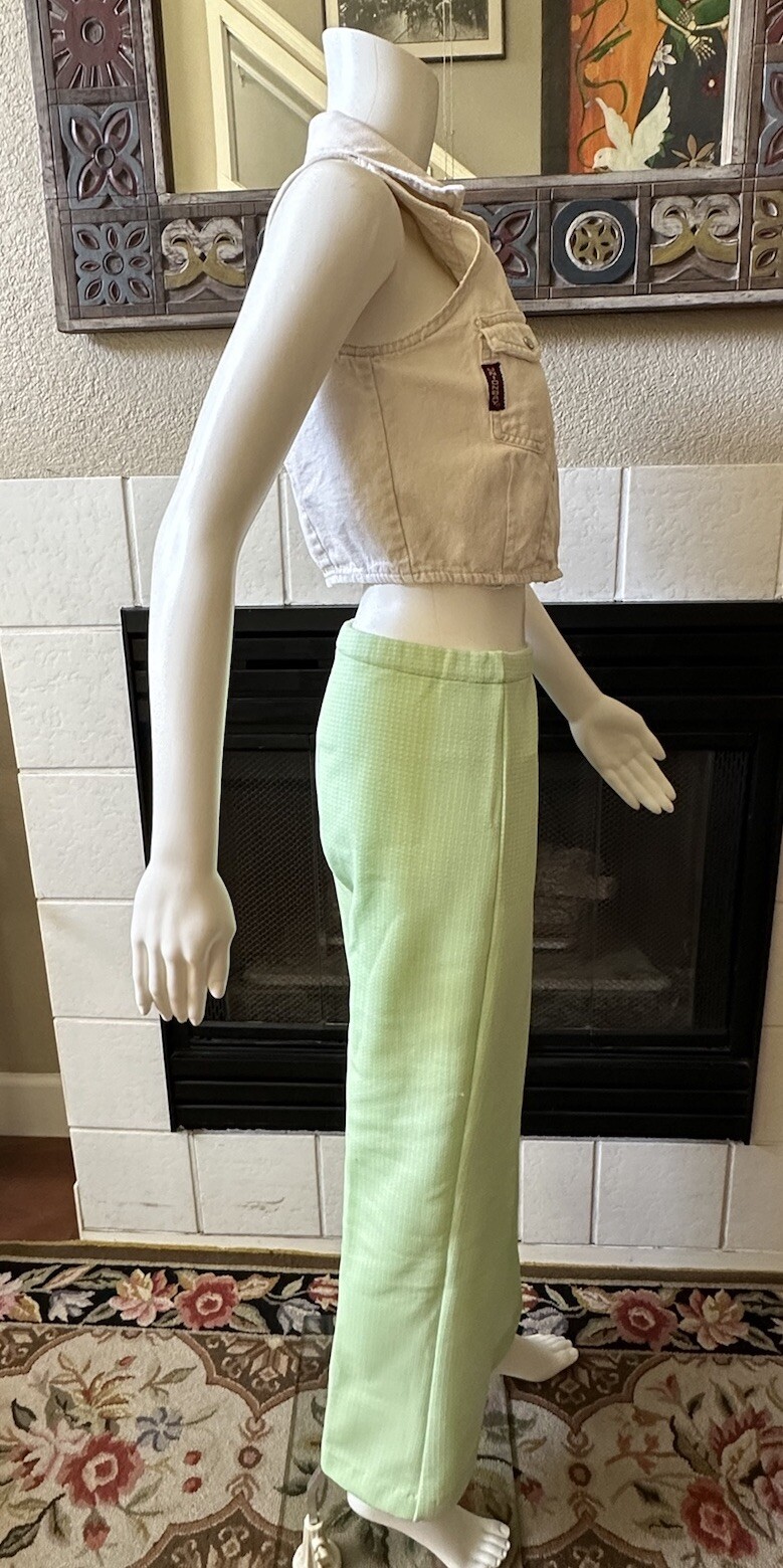 Green Plaid Polyester Pants 31×28 Lightweight Elastic Waist Vtg 70’s