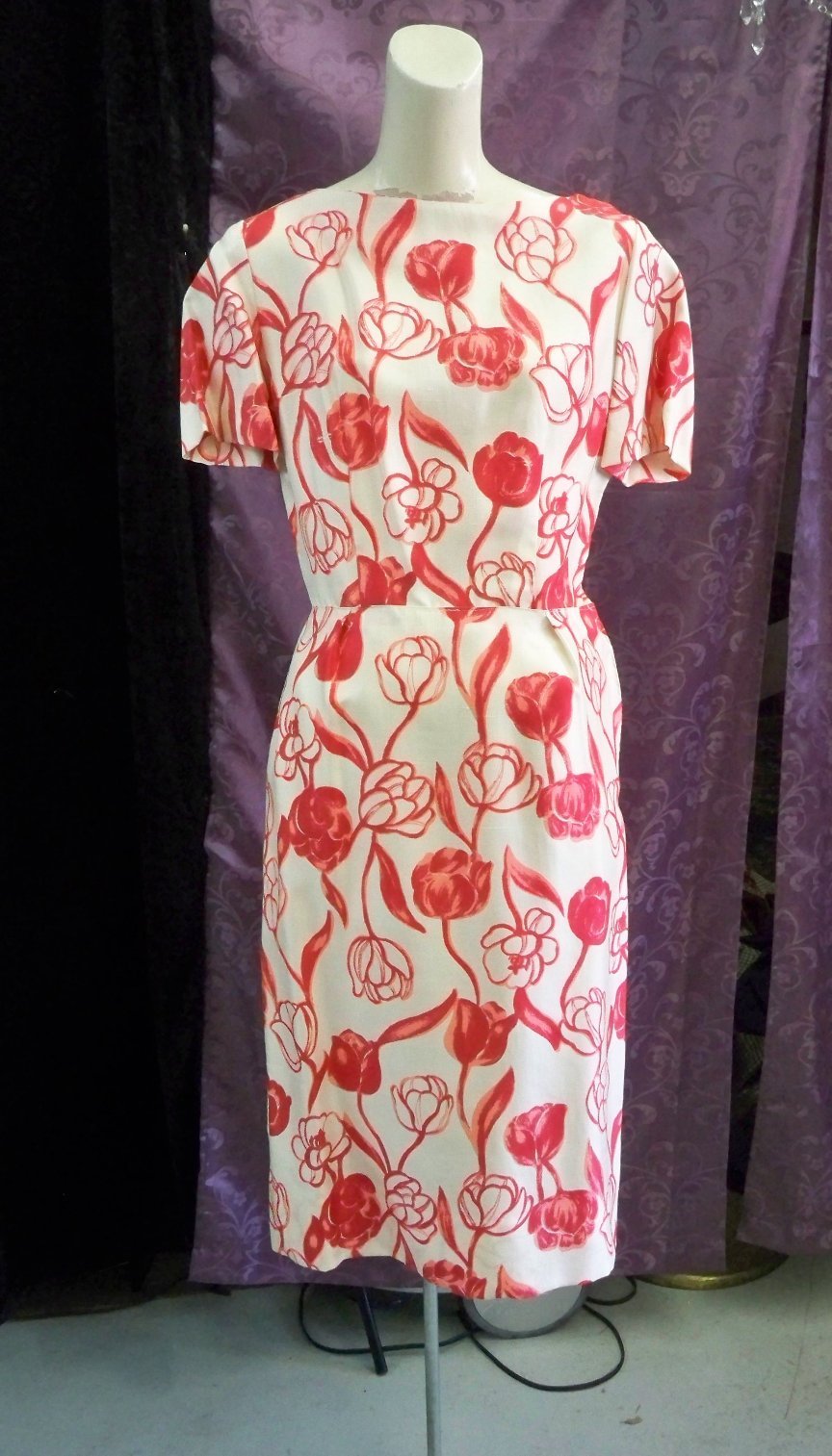 40s-60s Silk White w/ Pink Roses Dress w/ Deep Pink Coat