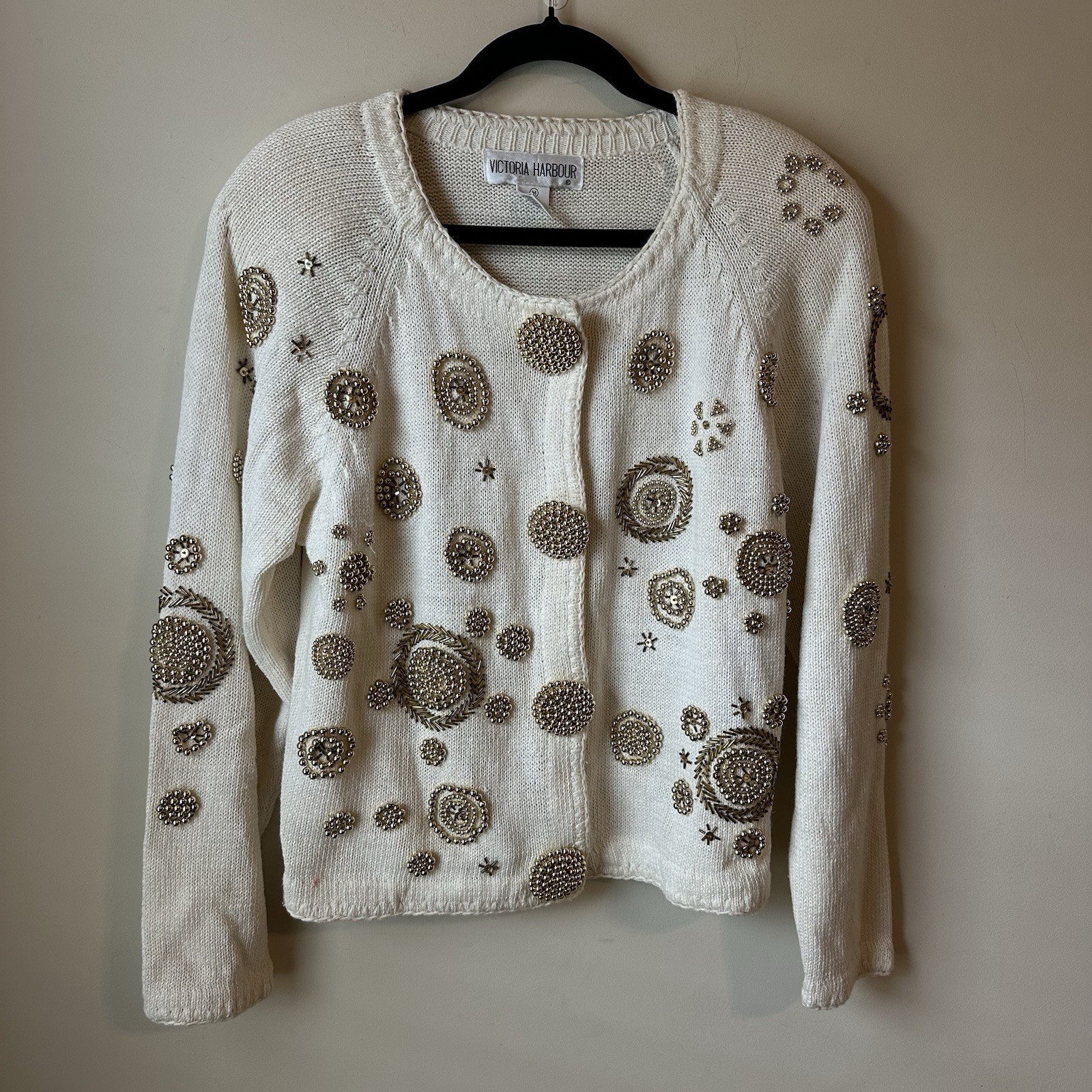 1990s Vintage Victoria Harbour Size M Beaded Off White Knit Sweater Cardigan