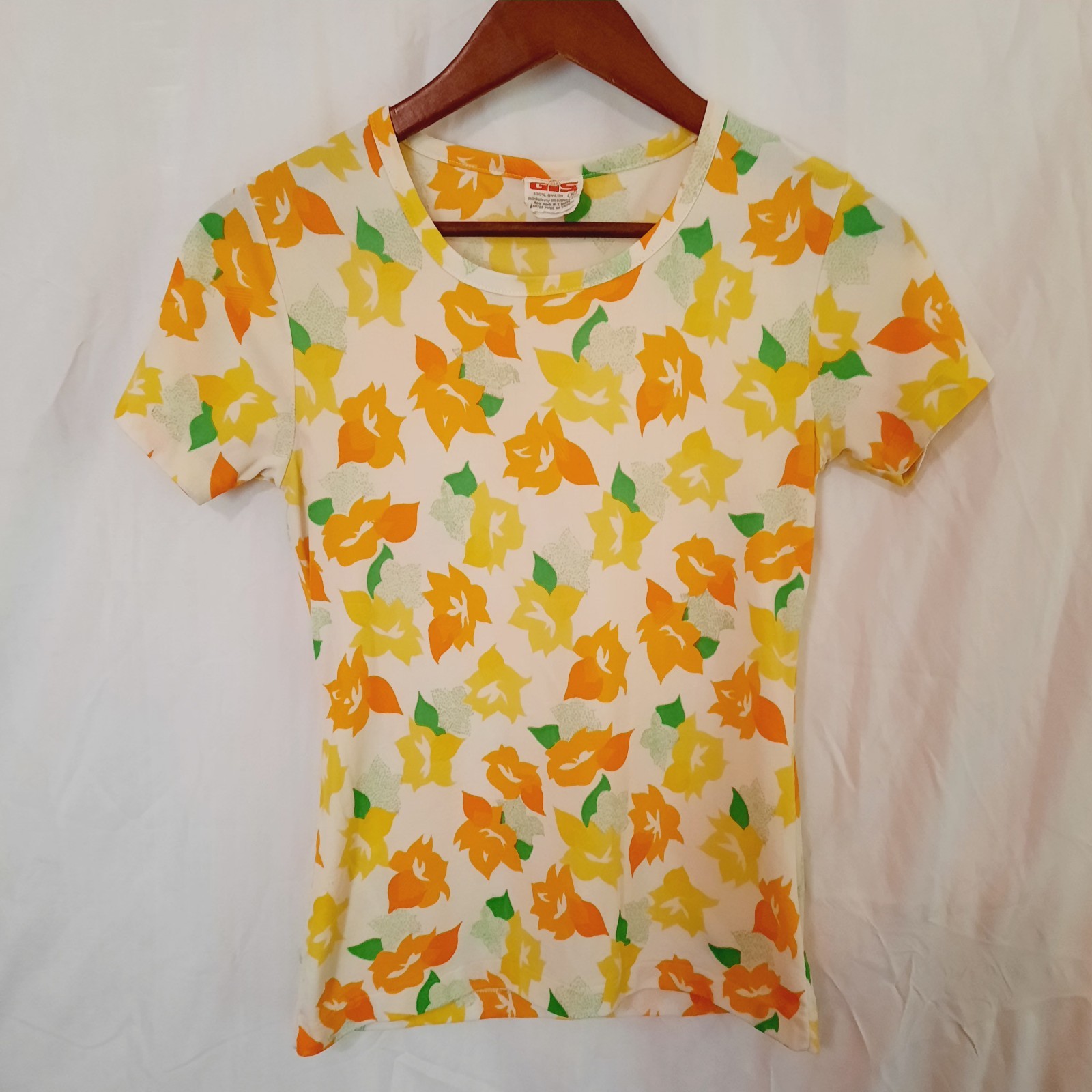 Vintage 70’s GIS Nylon Crew Neck T-Shirt Flower Power Mod Print Groovy Small