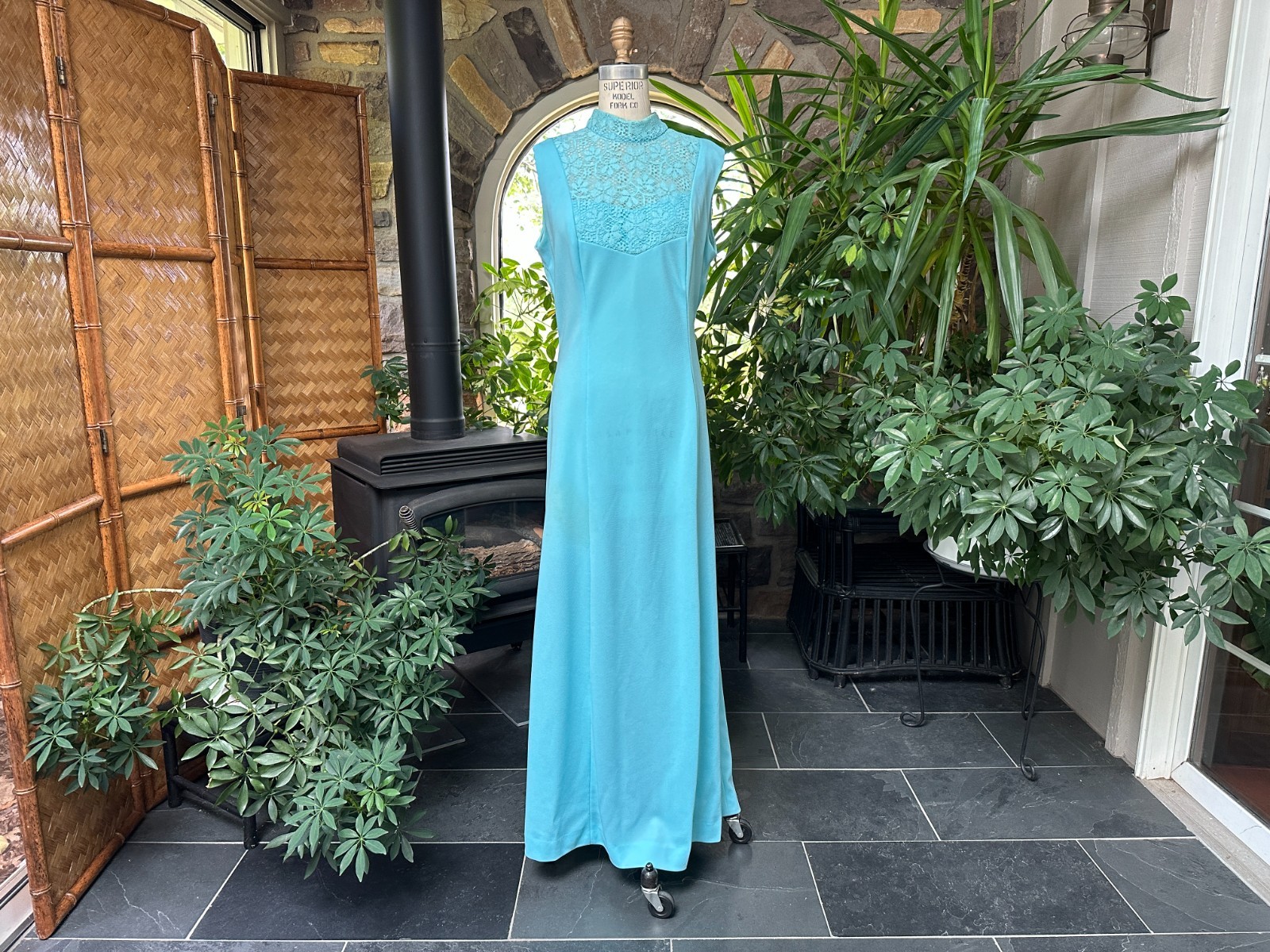 Vintage 1970s Blue Knit and Lace Maxi Dress Mother of the Bride Miss Rubette