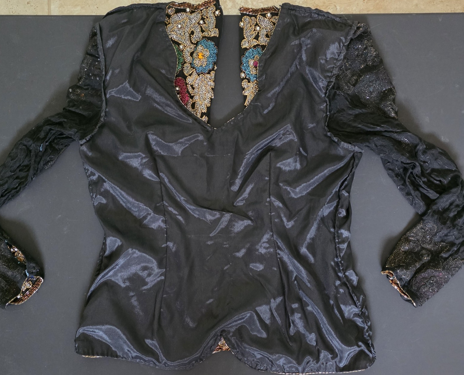 Joan Leslie Evenings Vintage 100% Silk Sequin Beaded Formal Blouse Top Size S