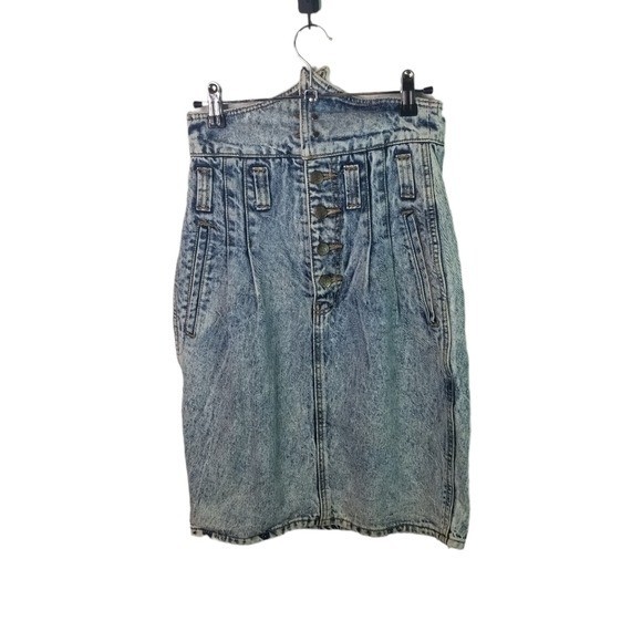 Vtg 80s 1980s Limited Express Acid wash denim paper bag High Waist Jean Skirt 26
