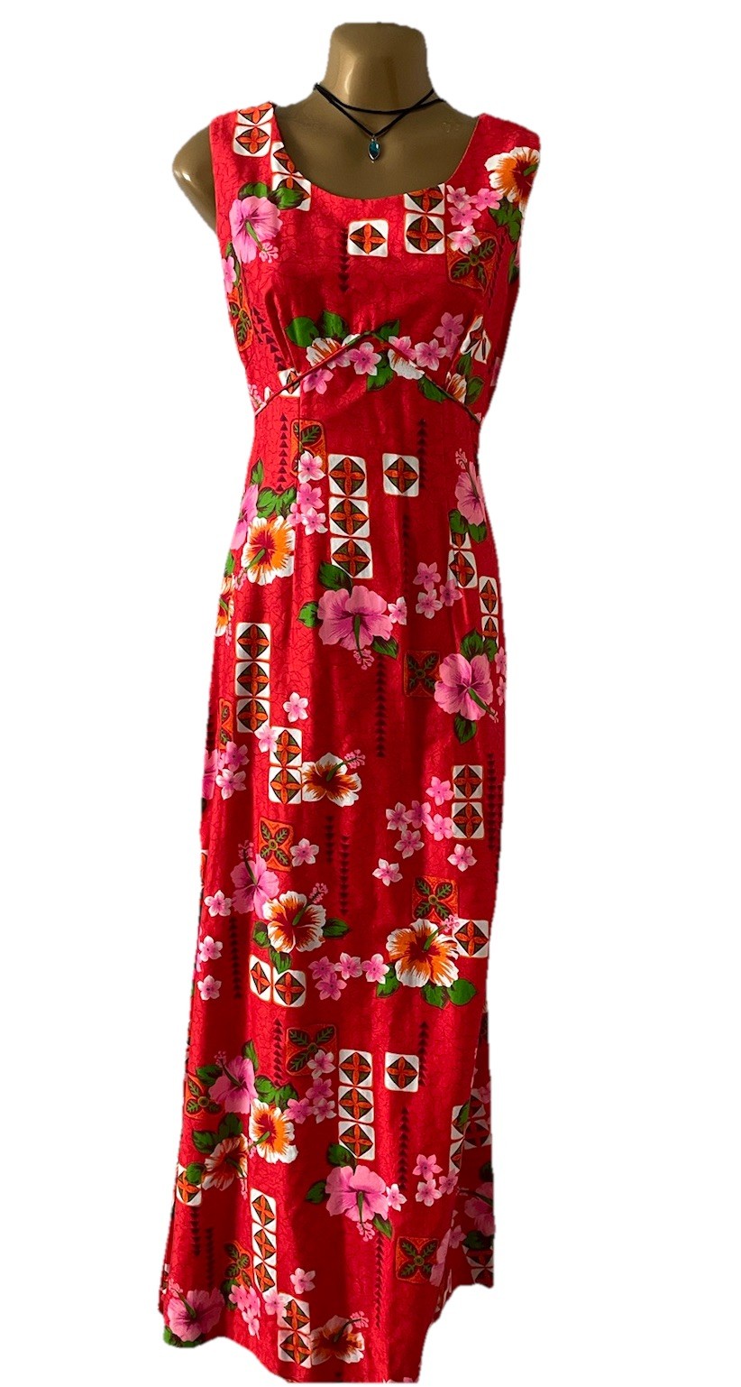 Vintage 70s Royal Hawaiian Maxi Dress Hibiscus Floral Hawaii Red Cotton Pinup 8