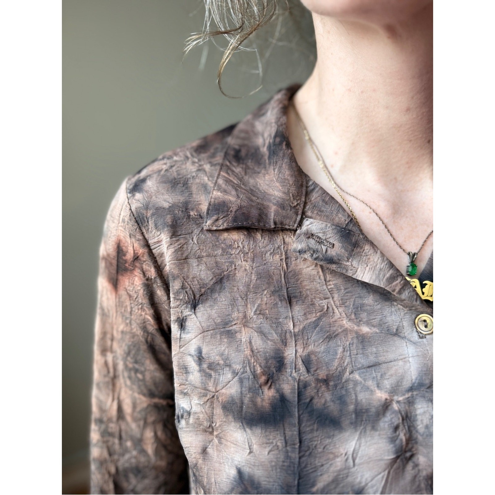 Vintage 90s Tie Dye Button Up Top | Brown Abstract Blouse | Y2K Grunge Fairy | S