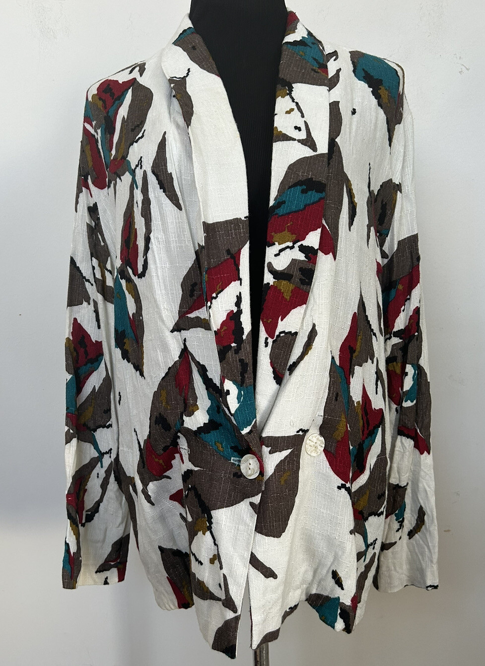 Vtg Melrose White Colorful Flax Blend Floral Print Blazer Artsy Jacket Size 14