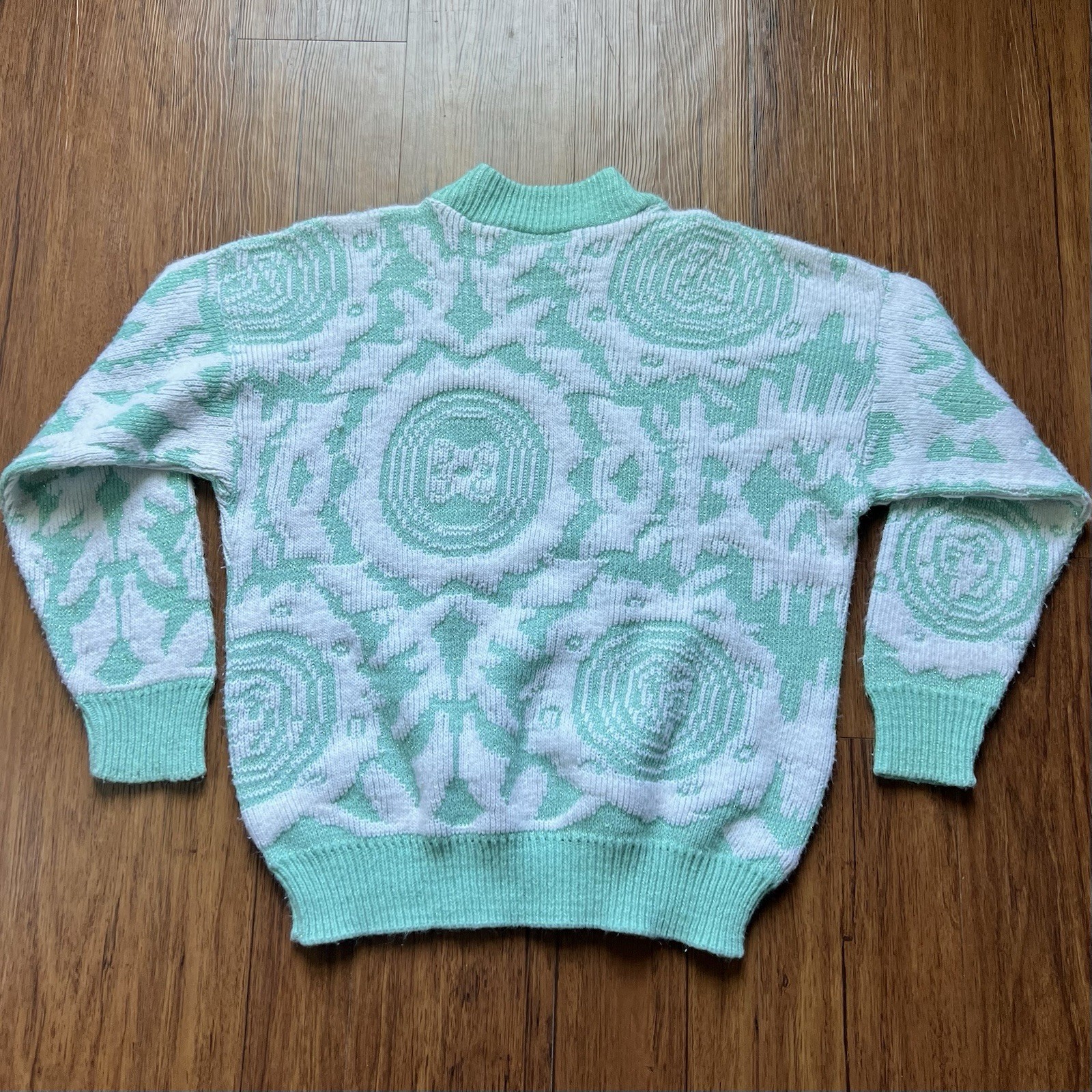 Vintage 80s Pastel Sweater Small Glitter Knit Teal Fairy Kawaii Geometric