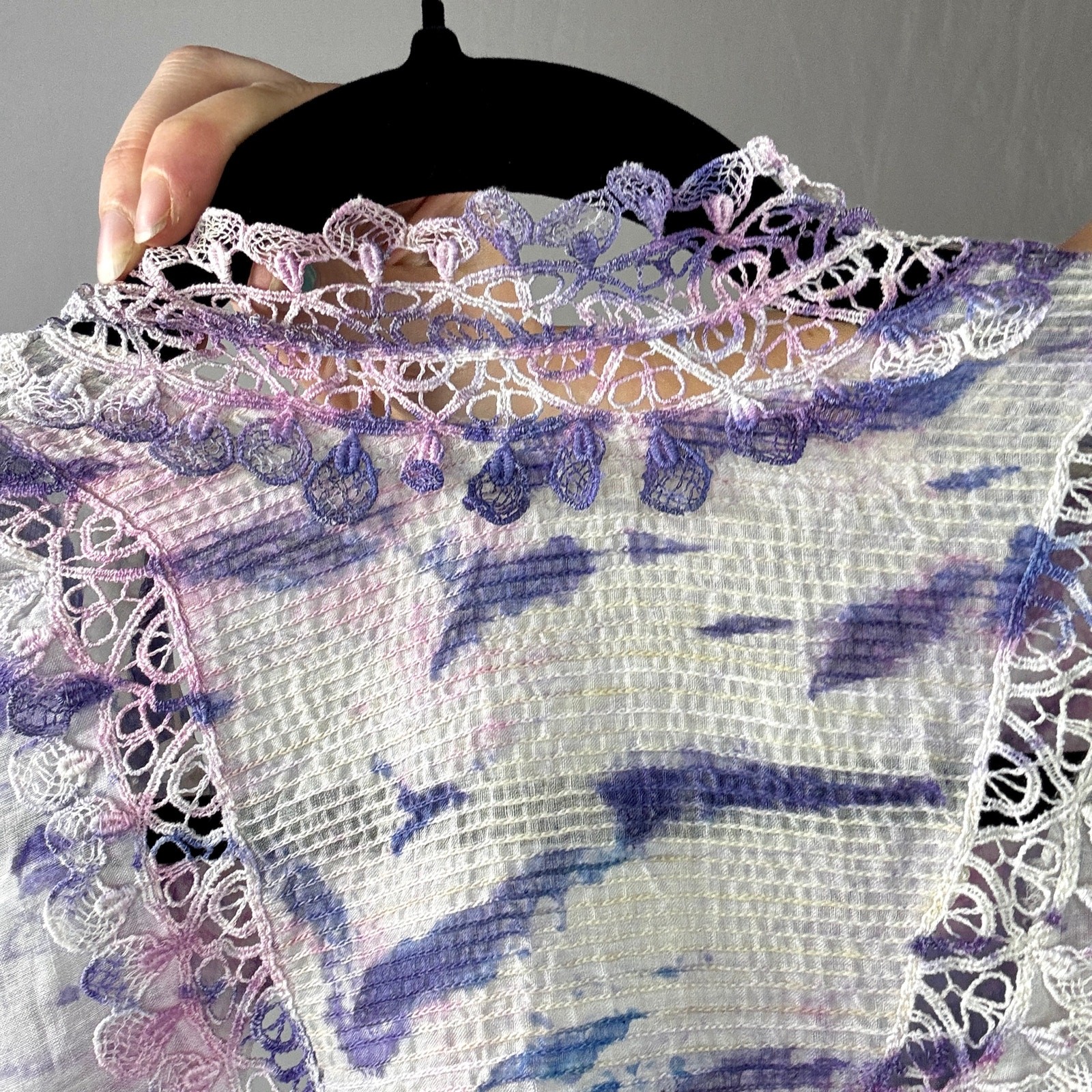 Antique 1940s Hand Dyed Shibori Silk Cotton Blouse Lace Micropleated Purple Blue
