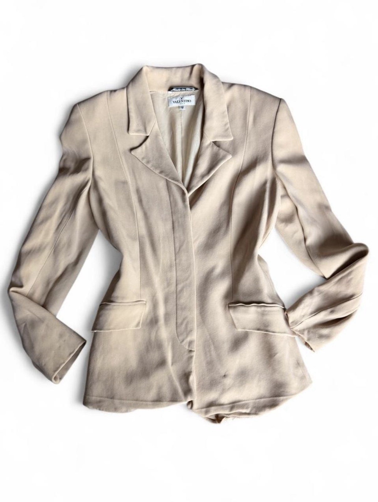 Vintage 80s Valentino Nude Tan silk classic shoulder pads blazer jacket 38