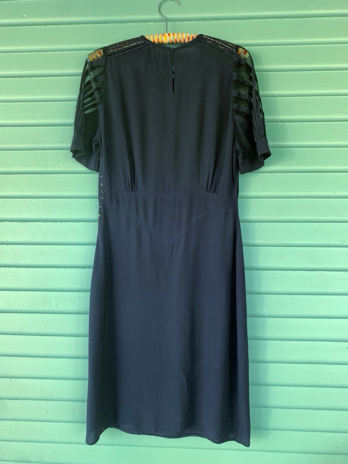 Vintage 1930s Navy Blue Silk Crepe Dress Art Deco Mesh Cut Out Sleeves Sz M/L