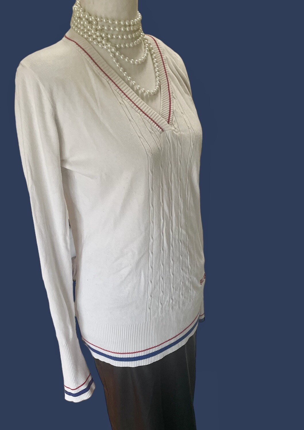 Vintage Cricket Sweater BILLABONG V Neck Long Sleeve Preppy Tennis White Polo L