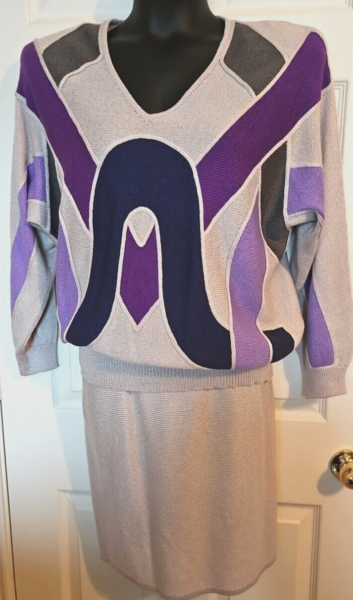 VTG Tomatis De Renee Lombardi Lrg Gray Purple Color Block Knit Sweater Skirt Set