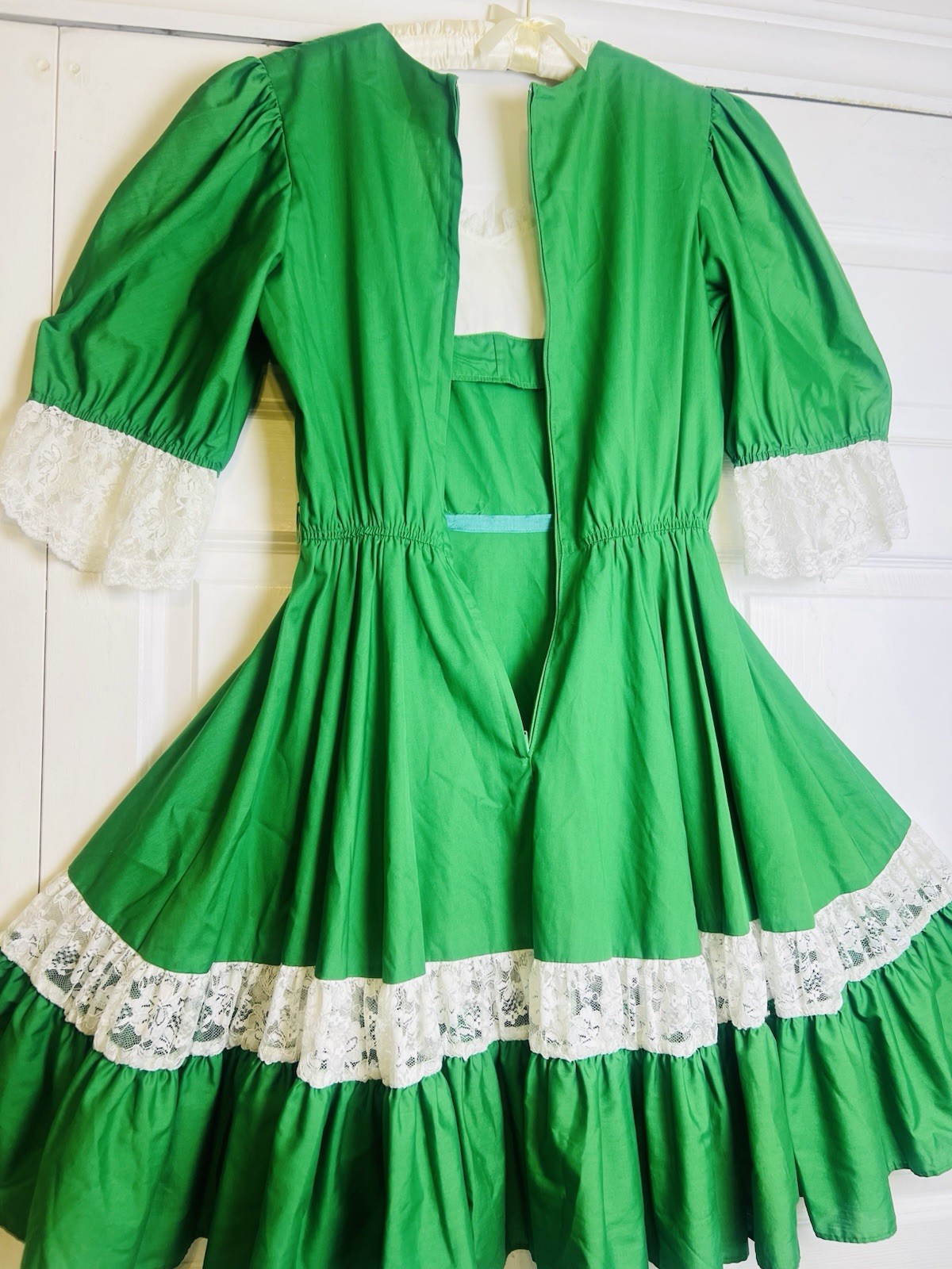 Vtg Partners Please Green White Lace Trim Flare Swing Square Dance Dress Size 12